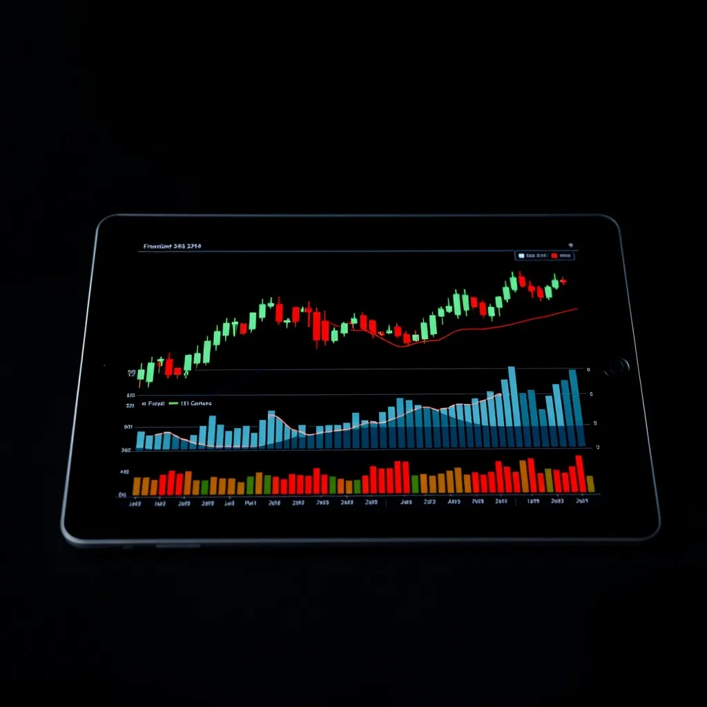 Close up of a tablet displaying financial candlesticks and b