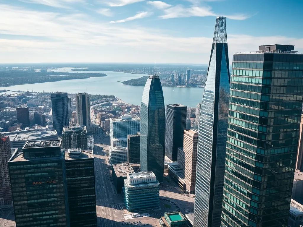 A professional aerial view of Montreal financial district wi