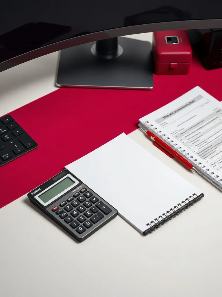 A professional office desk with a calculator, notebook, and